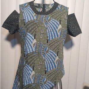 Keris Fashion Women’s Asymmetrical Batik Top – 100% Cotton, Peacock Print